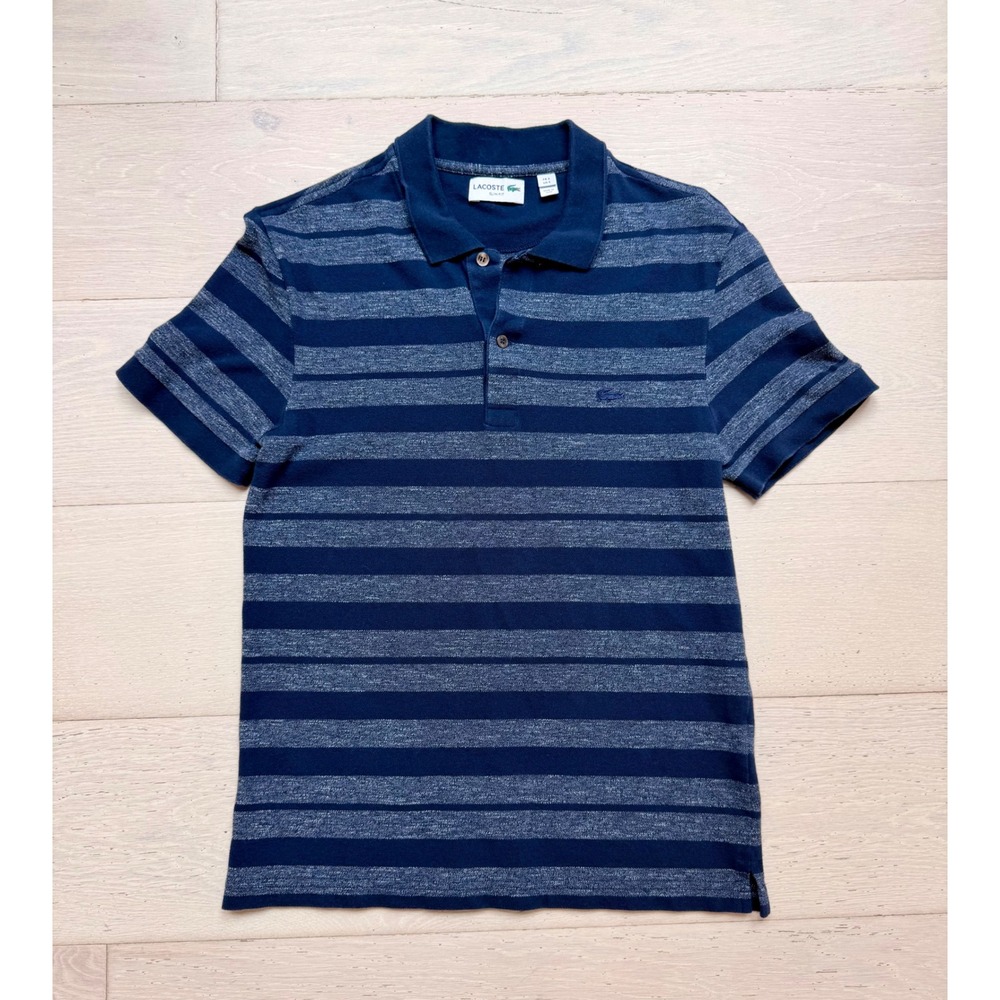 Lacoste Mens Slim Fit Striped Polo Shirt Navy Blue Grey Short Sleeve Size S